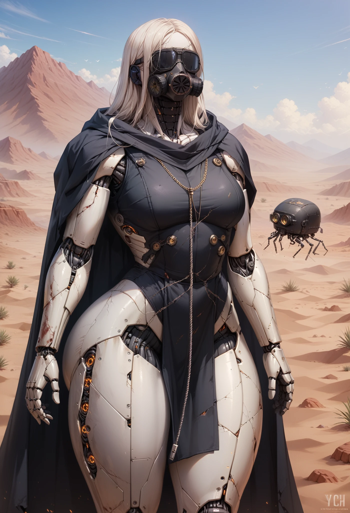 A close-up of an autonomous machine with a human body, metallic skin,  white skin, titanium frame, mechanical eyes, big eyes, small torso,  huge butt,  Wide Hips,  fleshy legs , thick thighs , (The best quality),  masterpiece , metal body, metal arms, metal legs, gestalt consciousness, automata, corrupt machine, wires around his body, horror, ghost, tall, lost look, depressed, (She is wearing an old leather cloak that covers her entire body along with a gas mask that covers her face.), She carries a backpack on her back, (ultra high Bloom), (high-contrast), (High quality Shaders), (Ultra shadow quality), (hyperrealism), (She is lost in a desert of ashes), expressionless face, rusty body, your skin is falling off 