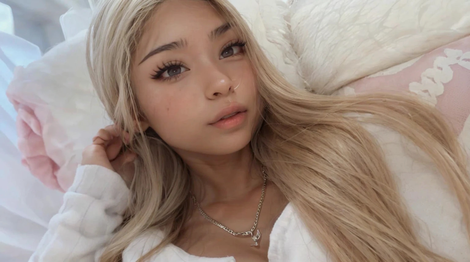 Extremely pretty young 18 y/o Valkyrae babe, latina baddie, babe, extremely long eyelashes, extremely thick eyelashes, thick caterpillar lashes, big bimbo lips, extremely attractive, big upper lip, big lower lip, big plump wide juicy bimbo lips,