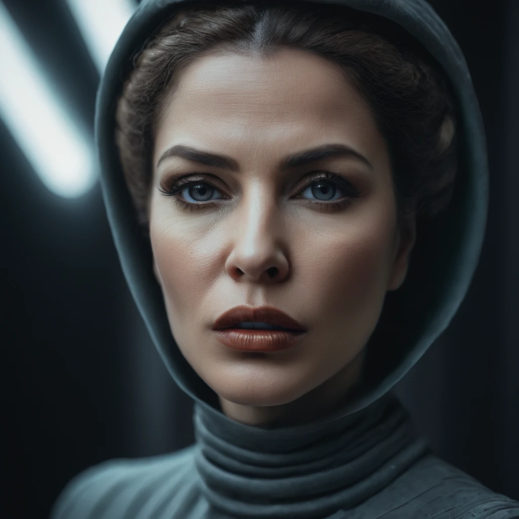 a detailed portrait of a woman, beautiful detailed eyes, beautiful detailed lips, extremely detailed face and features, long eyelashes, intricate hairstyle, elegant clothing, mysterious expression, UFO hovering in the background, dark sci-fi atmosphere, dramatic light and shadows, cinematic composition, muted color palette, moody and atmospheric, photorealistic, 8k, best quality, masterpiece