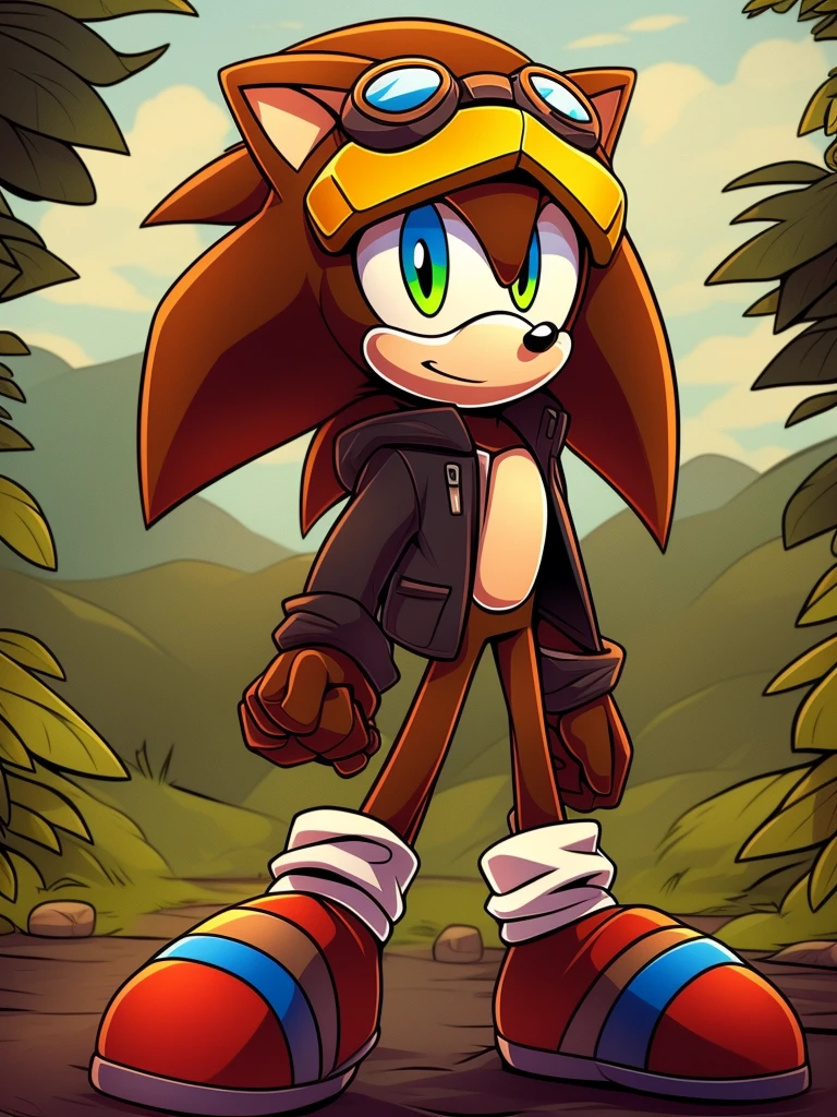 Male, mobian, sonic, goggles on head,characteristic: brown hedgehog