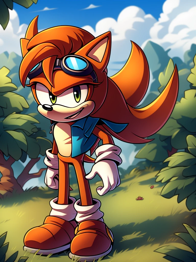 Male, mobian, sonic, goggles on head,characteristic: brown hedgehog