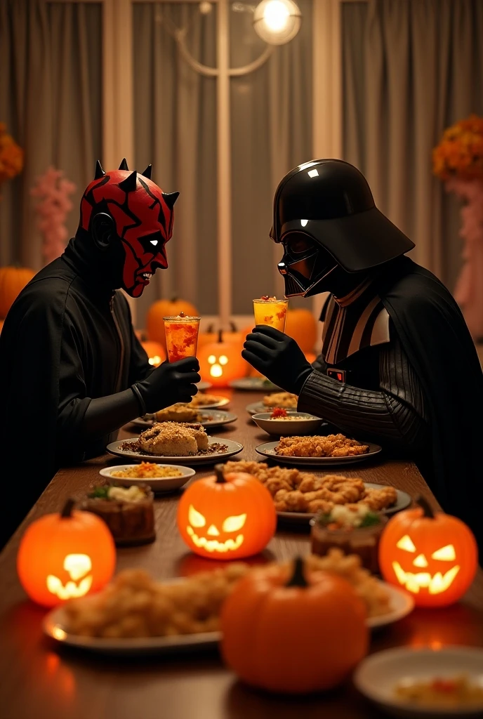 Darth Maul and Darth Vader eating side by side. Ghost pumpkins on the table, Japanese food on the table, sushi, tempura, Halloween party, fun, smiles, looking at each other.