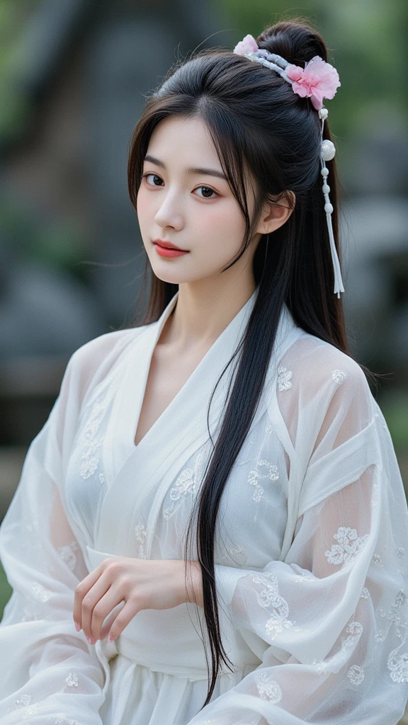 arafed woman in a white dress with a flower in her hair, white hanfu, hanfu, palace ， a girl in hanfu, wearing ancient chinese clothes, ethereal beauty, pale milky white porcelain skin, with acient chinese clothes, flowing white robes, a stunning young ethereal figure, chinese style, inspired by Qiu Ying, white hime cut hairstyle