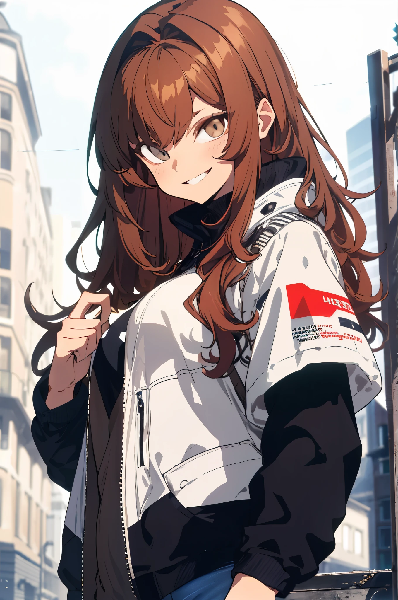 ultra detailed, masterpiece, best quality, solo, girl, teenager, medium height (5'6"), athletic build, straight auburn hair, sharp hazel eyes, light tan, caucasian, smiling, energetic, always wearing trendy clothes that are functional but stylish.
