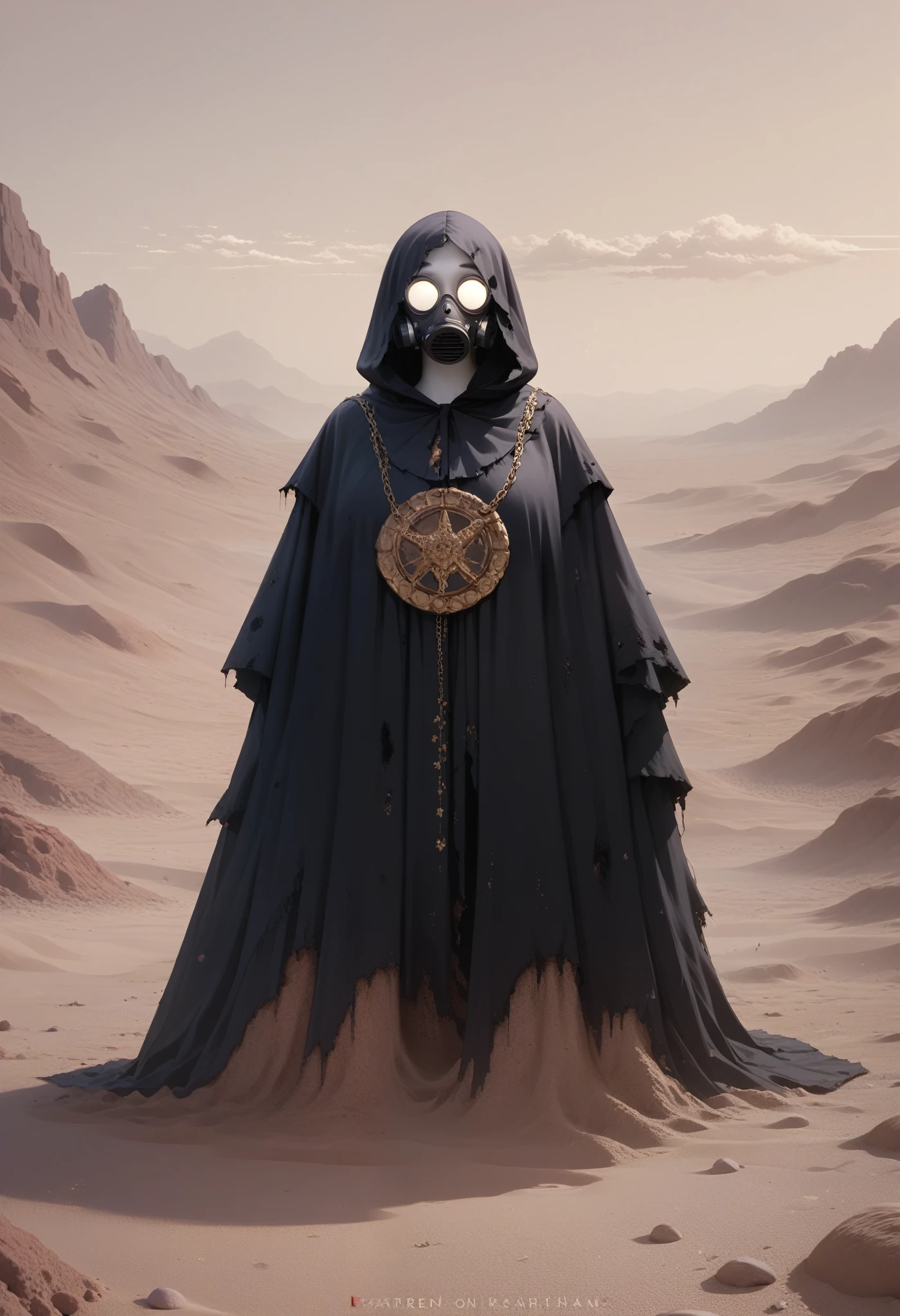 A woman, smooth skin,  white skin, big eyes, small torso,  huge butt,  Wide Hips,  fleshy legs , thick thighs , (The best quality),  masterpiece , horror, ghost, tall, lost look, depressed, (She is wearing an old leather cloak that covers her entire body along with a gas mask that covers her face.), She carries a backpack on her back, (ultra high Bloom), (high-contrast), (High quality Shaders), (shadows), (Ultra shadow quality), (hyperrealism), (She is lost in a desert of ashes), expressionless face, Dirt stains on the body,