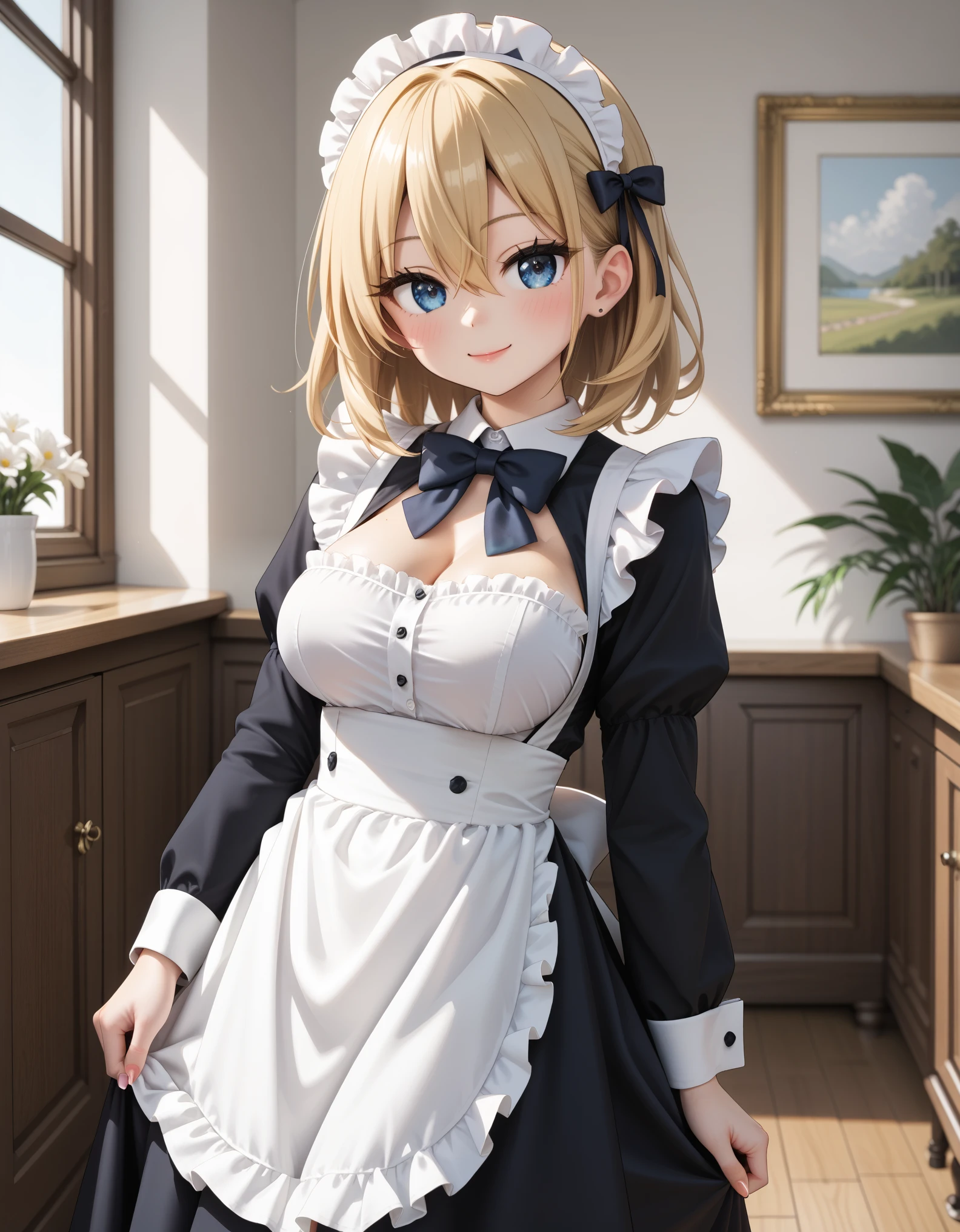 newest, masterpiece, best quality BREAK score_9, score_8_up, score_7_up, BREAK cute round face, slender, ultra detailed eyes, ultra detailed hair, ultra beautiful BREAK 1girl, solo, (classical maid:1.2), apron, blush, bow, bowtie, frilled apron, frills, long sleeves, maid, maid apron, maid headdress, waist apron, white apron, (maid costume, maid hair dress:1.3), long skirt, (holding skirt:-1), happy smile, closed mouth, standing, cowboy shot, looking at viewer, in cafeterrace, indoors, depth of field, ultra detailed background, medium large breasts, (cleavage:-1), (blonde hair, dark blue eyes), medium hair, hair between eyes