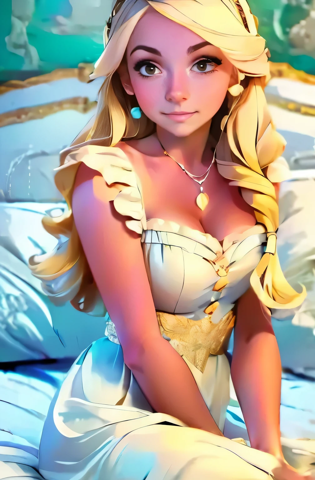 golden apple,(insanely detailed, beautiful detailed face, masterpiece, best quality),(glossy skin:0.5),<lora:Eris-10v8:0.9>,Eris,blonde hair,makeup,long hair,solo,ponytail,black eyes,blush,lips,gold choker,silver tiara,white skirt,cleavage,midriff,gold bands,((medium breasts)),clouds,outside,stone building,missing tooth,