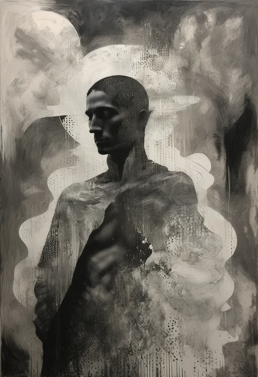 Monochrome black and white, A dark-toned figurative painting of a male figure, blending abstract and realism. The male figure is partially cloaked in shadows, with light softly illuminating parts of his form. Abstract shapes and patterns surround him, merging with his figure, symbolizing introspection and resilience. The color palette is moody with deep blacks, shades of charcoal, and hints of silver, creating a sense of depth and mystery