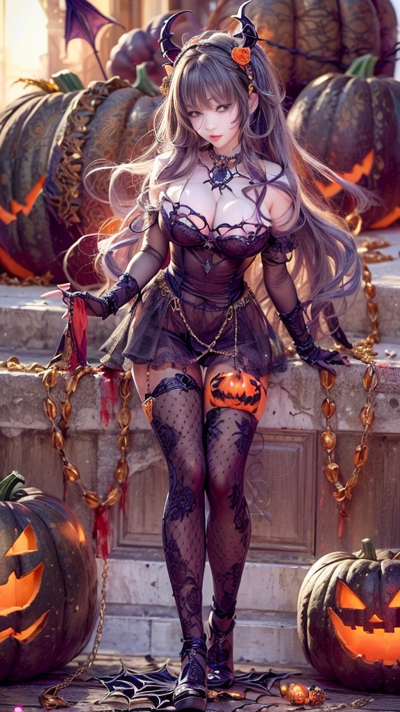 Cute Halloween Theme、full body Esbian、Eye Up、A smile、 wave her hand、Glamorous Hat、Halloween Accessories、Draw clothes buttons and pockets in a Halloween style、Cute shoes、high knee socks、breasts are large、Taken from the side