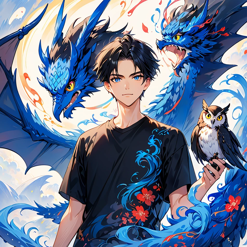 Only one man in his 30s 。The hair is pretty short and black 。Slim and tall。 wears a plain black t-shirt。 holding a cute owl 。A man in his 30s wearing a black t-shirt with a blue dragon swirling in the background 。 colorful ink painting based on blue。