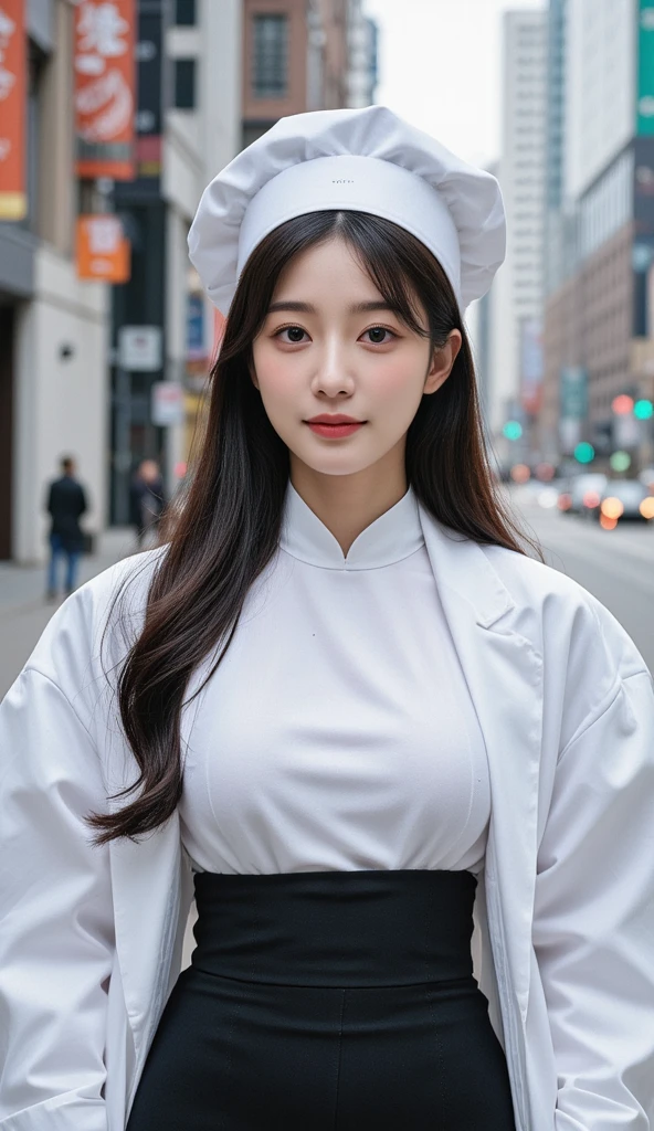 arafed asian woman in white coat standing on street corner, wearing white chef hat, white waist apron and undershirt, inspired by Ma Yuanyu, white uniform, smooth white tight clothes suit, white coat, wearing lab coat and a blouse, white jacket, white apron, loose coat collar sailor uniform, in style of pan ren wei, full body xianxia