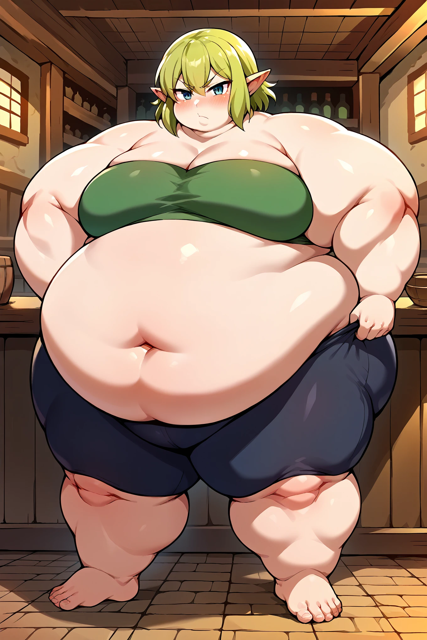 score_9, score_8_up, score_7_up, score_6_up, source_anime, BREAK 1girl, solo  ryuu, green hair, green tube top, black bike shorts, looking at you, blush, serious, tavern, indoors, full body shot, fat, chubby, obese, gigantic arms and legs, big belly 