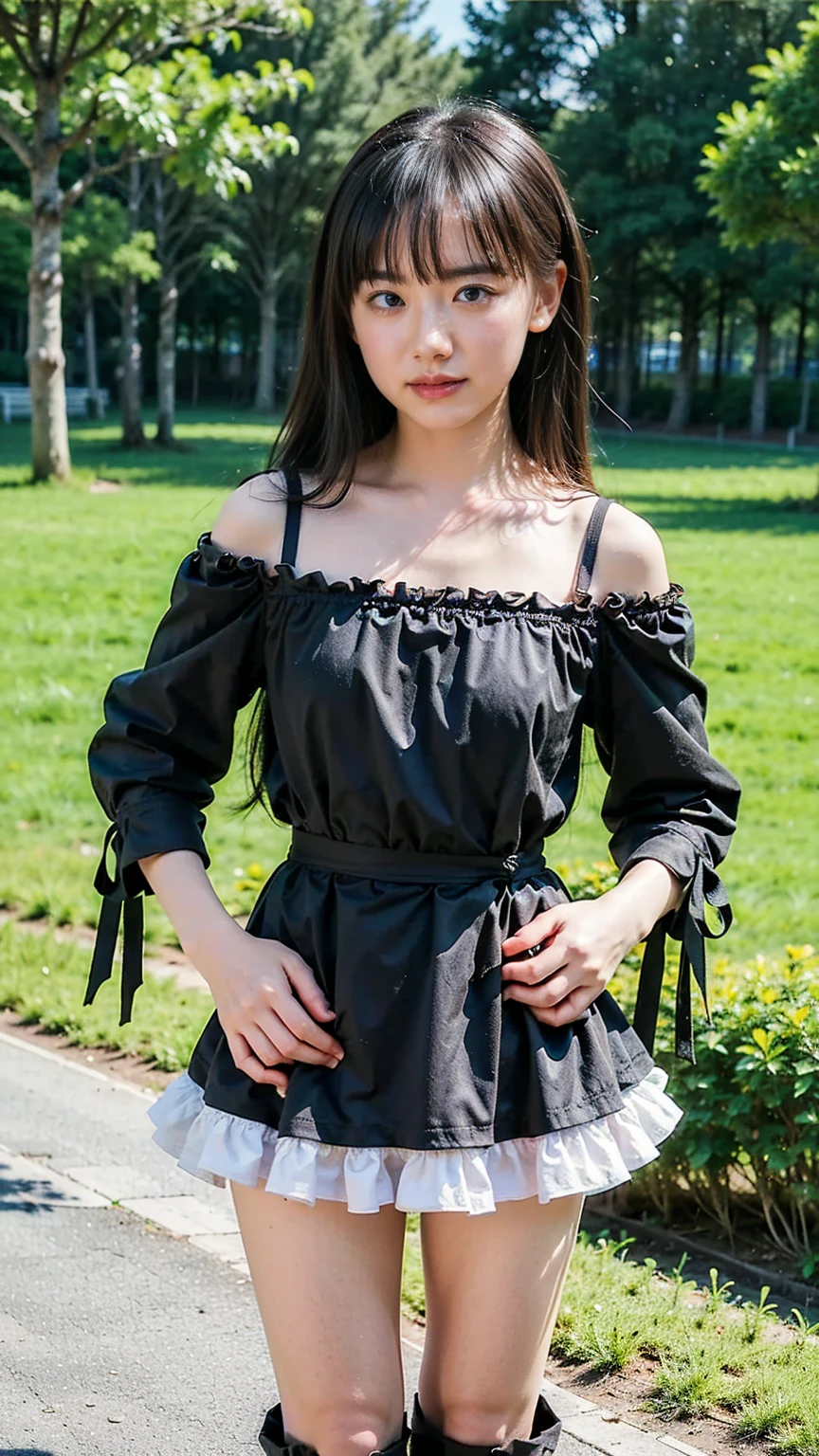 (8k、RAW Photos、 best quality 、masterpiece:1.2)、(Realistic、Realistic)、1 person、(( cleavage、Frills、Off the shoulder、Checked dress、Black and Pink、Arm Covers、 miniskirt 、boots、 stand with hands on hips、whole body、garden、Big black ribbon on waist))、cute