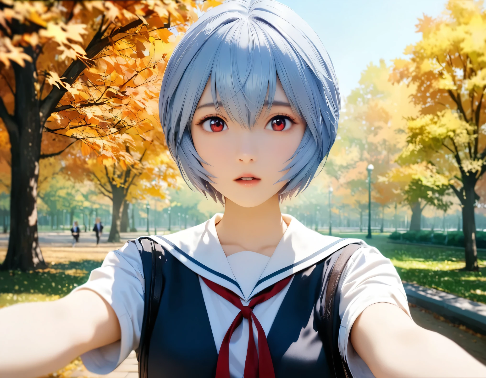 (best quality, 8k, high resolution:1.2), 1girl, ayanami_rei, school uniform, green park, autumn, run, outstretched arms, upper body