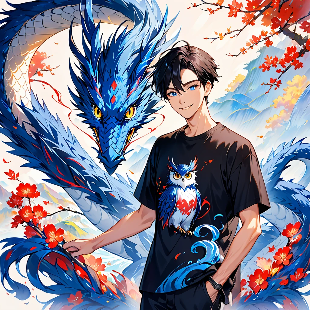 A man in his 30s is standing alone with a smile。The hair is pretty short and black 。Slim and tall。 wears a plain black t-shirt。 holding a cute owl 。A man in his 30s wearing a black t-shirt with a blue dragon swirling in the background 。 colorful ink painting based on blue。