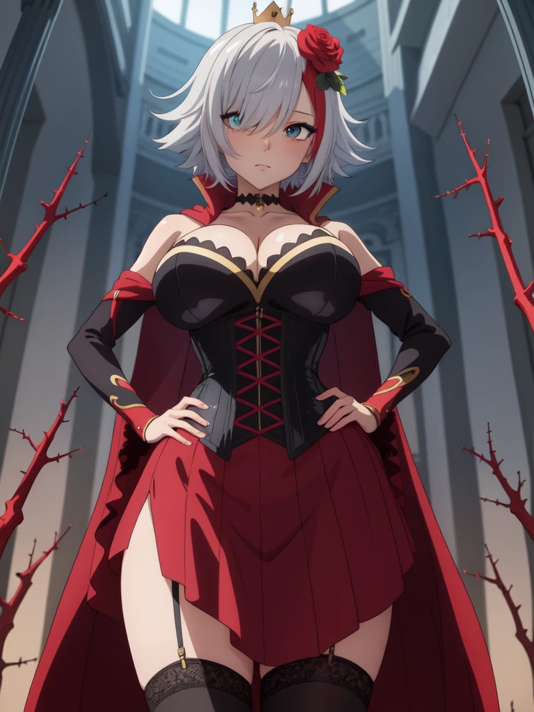 destiny /(takt op./), cowboy shot, huge breast, 
(1girl, solo:1.1), hands on hips, 
( jewel eye,  eye reflection), (ahoge, colored inner hair, multicolored hair, grey hair, red hair, two-tone hair),
neck ribbon, crown of thorns, thorns, (red cape, dress flower), detached sleeves, hair flower, hair ornament, long sleeves, black corset, long skirt, red dress, rose, strapless dress, long skirt, thighhighs, thighlet, dress flower, black thighhighs, 
(masterpiece, best quality, ultra-detailed), (anime:1.4), (beautiful detailed face, beautiful detailed eyes, volumetric lighting),
mksks style, beautiful background, outdoors,