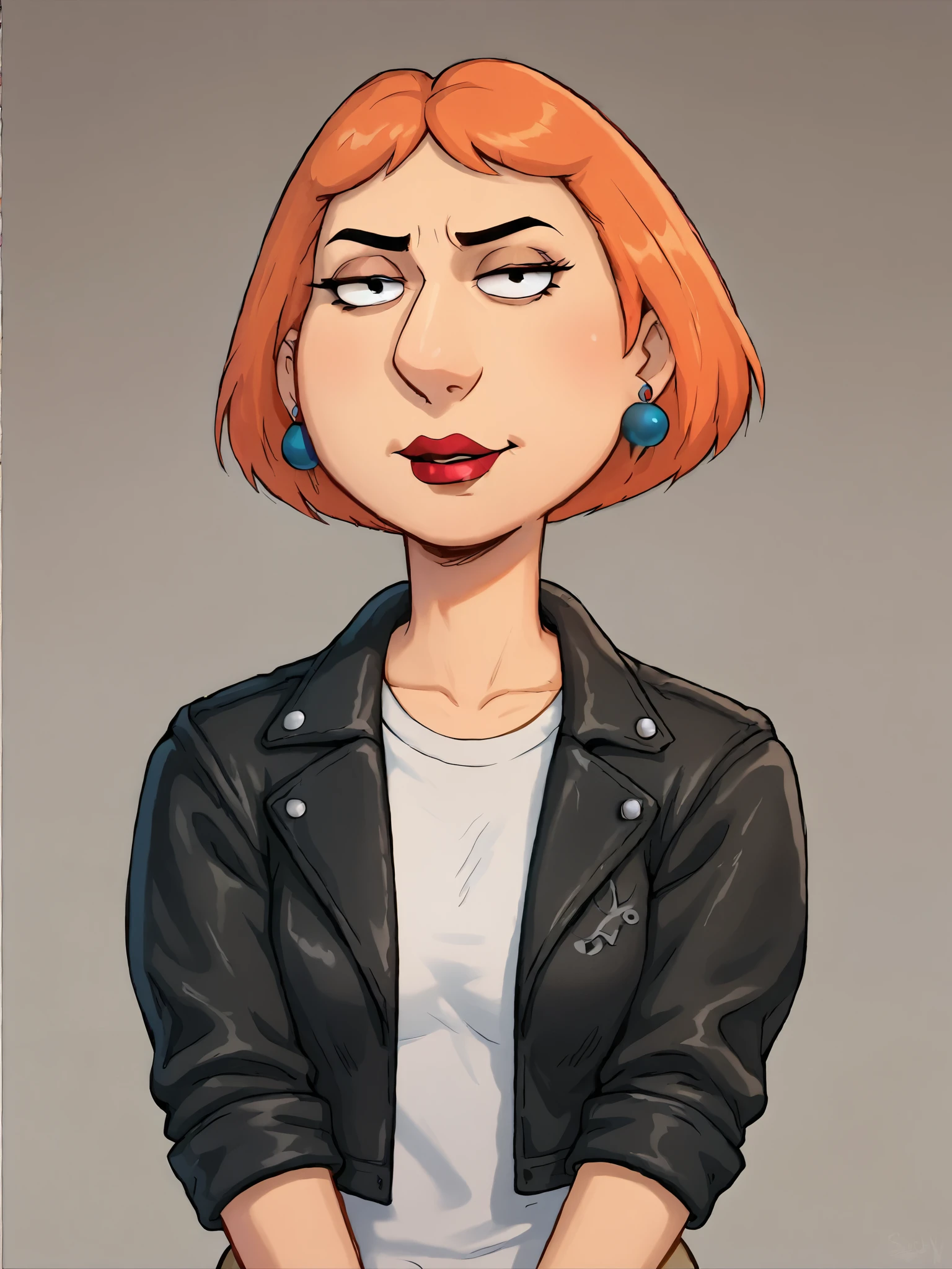 Lois, 1 girl, Blue earrings, Schmuck, Short hair, Alone, lipstick, makehoch, orange hair, lederrock, looks at the viewer, not geil, im bett,black sexy leather jacket 