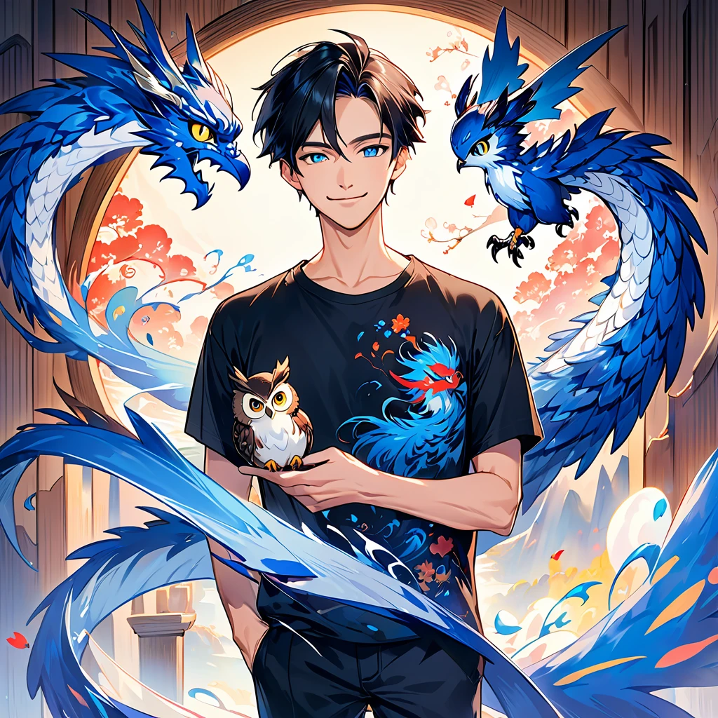 A man in his 30s is standing alone with a smile。The hair is pretty short and black 。Slim and tall。 wears a plain black t-shirt。 holding a cute owl 。A man in his 30s wearing a black t-shirt with a blue dragon swirling in the background 。 colorful ink painting based on blue。