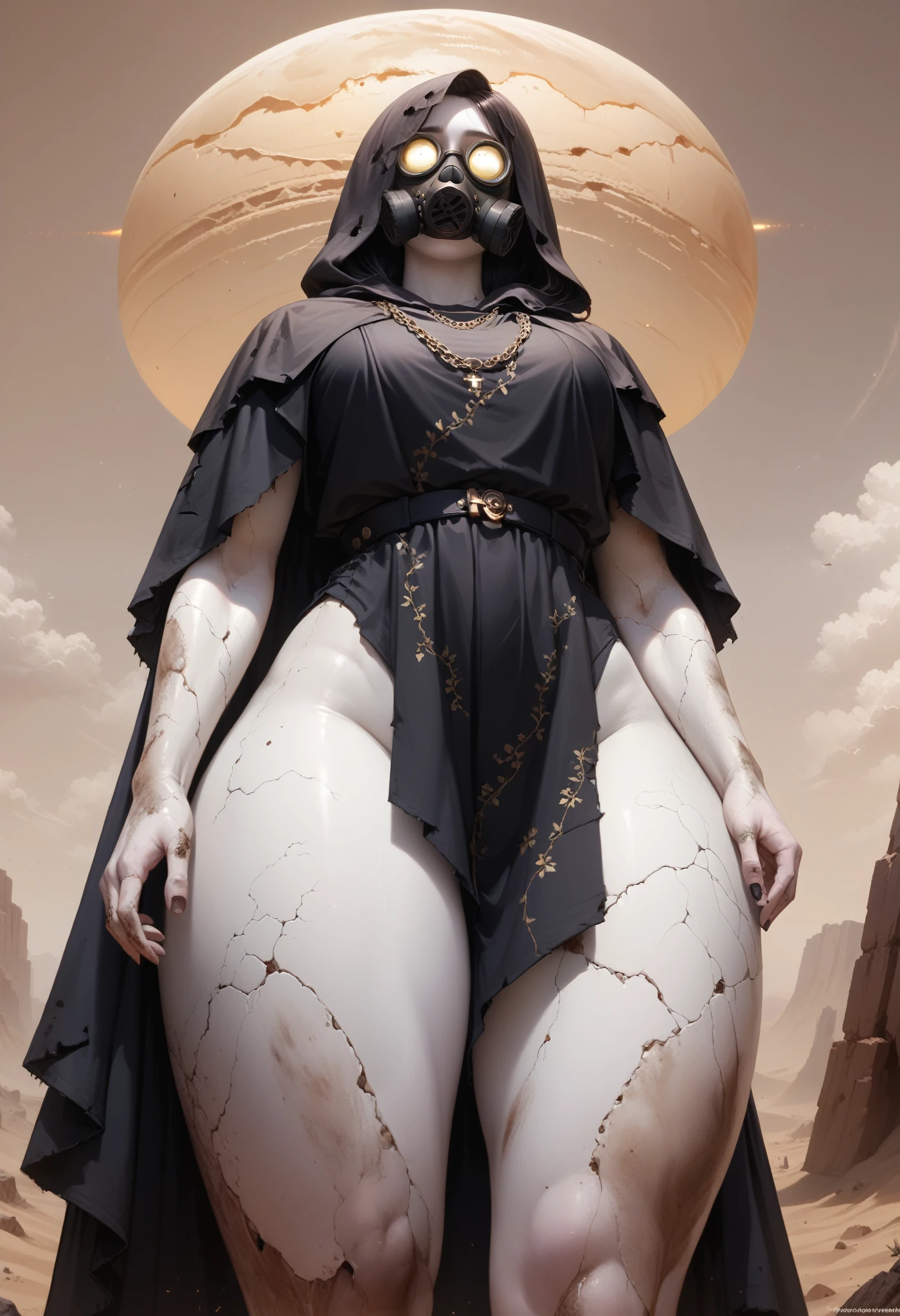 A woman, smooth skin,  white skin, big eyes, small torso,  huge butt,  Wide Hips,  fleshy legs , thick thighs , (The best quality),  masterpiece , horror, ghost, tall, lost look, depressed, (She is wearing an old leather cloak that covers her entire body along with a gas mask that covers her face.), She carries a backpack on her back, (ultra high Bloom), (high-contrast), (High quality Shaders), (shadows), (Ultra shadow quality), (hyperrealism), (She is lost in a desert of ashes), expressionless face, Dirt stains on the body, ( seen from below) 