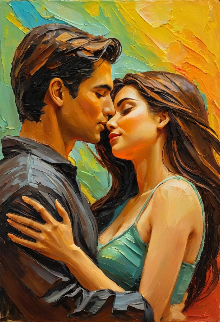 Couple in love, oil painting, very marked brushstrokes , digital painting,  relief in the brushstrokes, no details, all with reliefs 