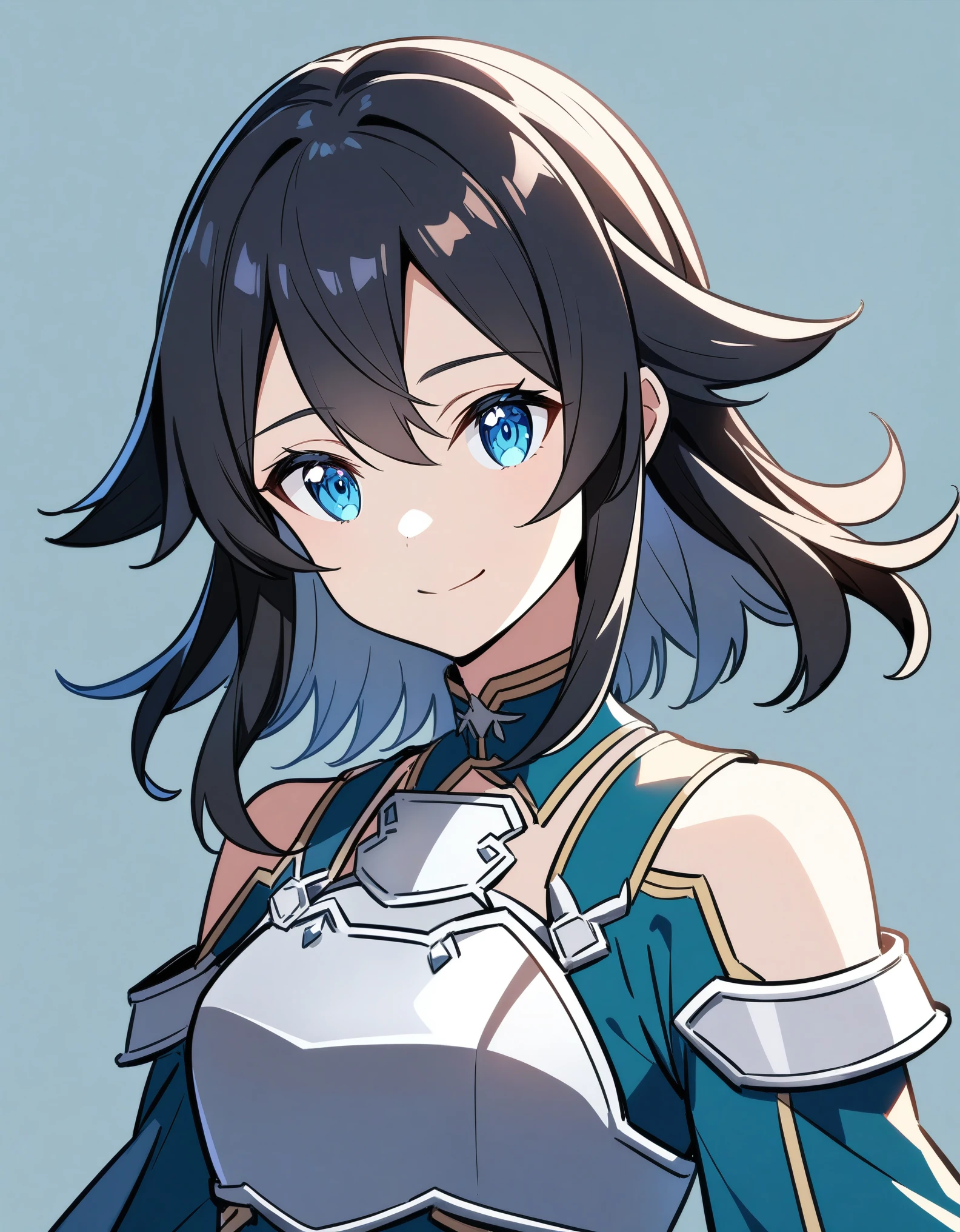 (high-quality, breathtaking),(expressive eyes, perfect face) 1girl, femboy, solo, portrait, Sword Art Online, Alicization, Symmetrical Eyes, simple background, gentle smile, medium hair, fluffy hair, fantasy outfit, SAO inspired, HuoHuo, armor, chest plate, sword art online outfit, half body shot, en amamiya, black hair, cute hairstyle, stylized hairstyle
