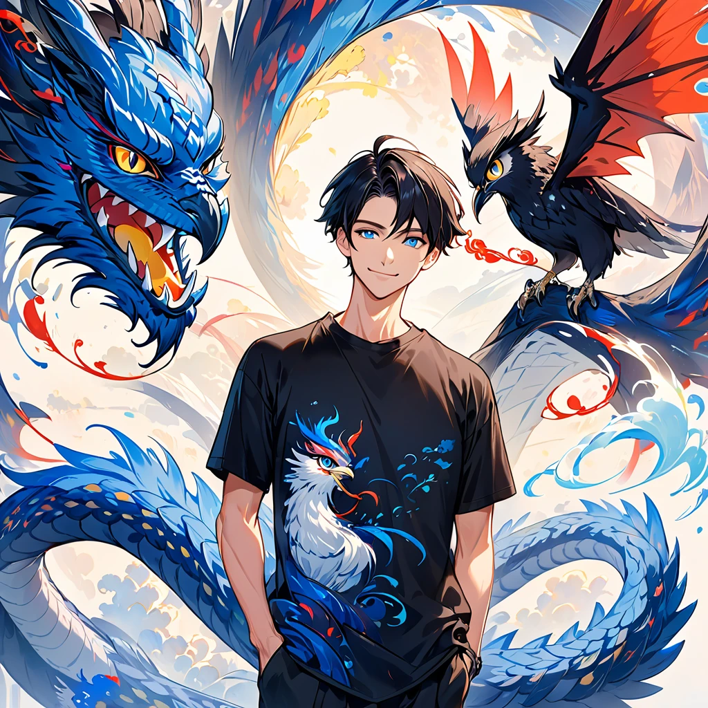 A man in his 30s is standing alone with a smile。The hair is pretty short and black 。Slim and tall。 wears a plain black t-shirt。 holding a cute owl 。A man in his 30s wearing a black t-shirt with a blue dragon swirling in the background 。 colorful ink painting based on blue。