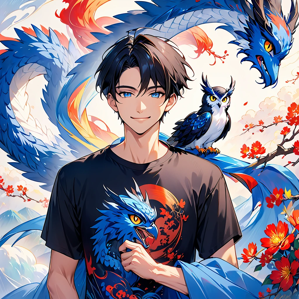 A man in his 30s is standing alone with a smile。The hair is pretty short and black 。Slim and tall。 wears a plain black t-shirt。 holding a cute owl 。A man in his 30s wearing a black t-shirt with a blue dragon swirling in the background 。 colorful ink painting based on blue。