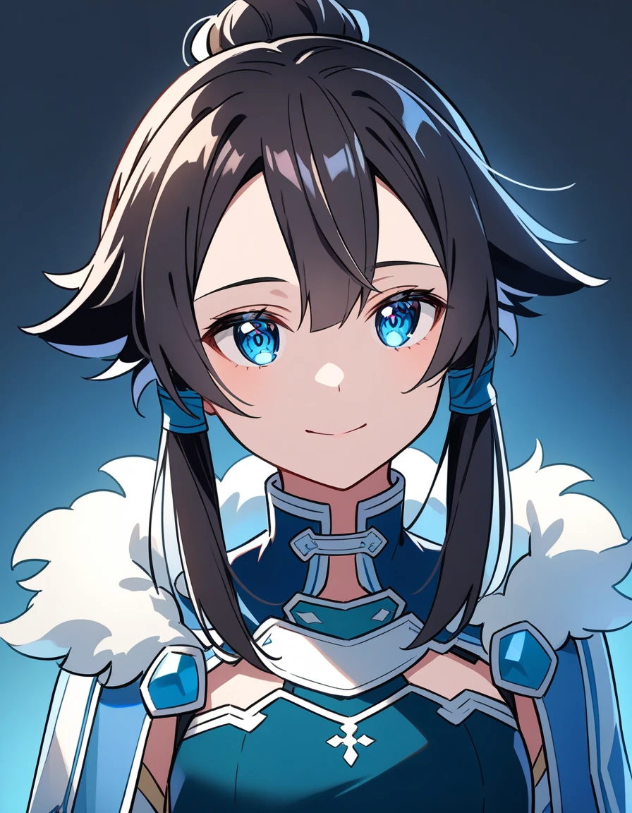 (high-quality, breathtaking),(expressive eyes, perfect face) 1girl, femboy, solo, portrait, Sword Art Online, Alicization, Symmetrical Eyes, simple background, gentle smile, medium hair, fluffy hair, fantasy outfit, SAO inspired, HuoHuo, armor, chest plate, sword art online outfit, half body shot, en amamiya, black hair, cute hairstyle, stylized hairstyle, tied back hair, multicolored hair