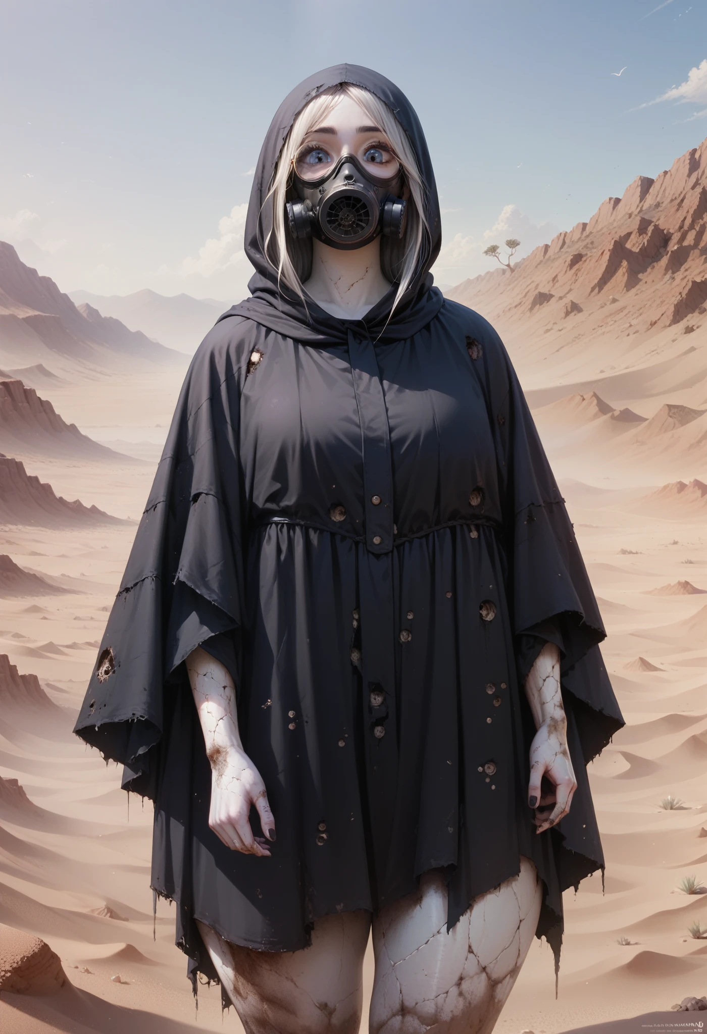 A woman, smooth skin,  white skin, big eyes, small torso,  huge butt,  Wide Hips,  fleshy legs , thick thighs , (The best quality),  masterpiece , horror, ghost, tall, lost look, depressed, (She is wearing an old leather cloak that covers her entire body along with a gas mask that covers her face.), She carries a backpack on her back, (ultra high Bloom), (high-contrast), (High quality Shaders), (shadows), (Ultra shadow quality), (hyperrealism), (She is lost in a desert of ashes), expressionless face, Dirt stains on the body,