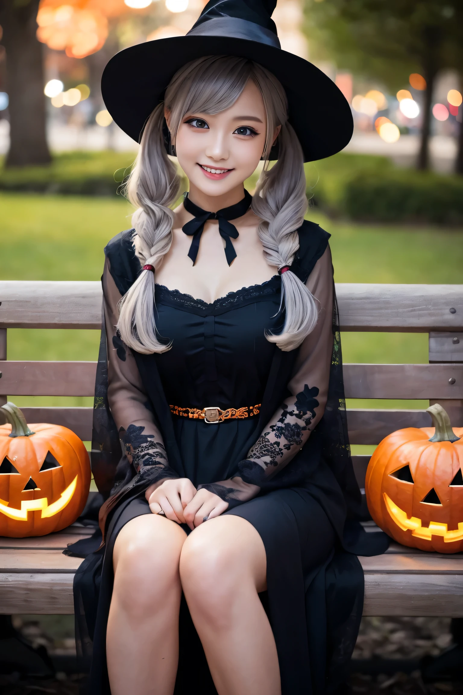 (upper bod)、((Girl in 1))、white  hair、Pattsun bangs、12year old、long、Witch's Pointy Hat、Black Dress、Sitting on the roof of the school、Big Halloween pumpkin at your feet、The best smile、