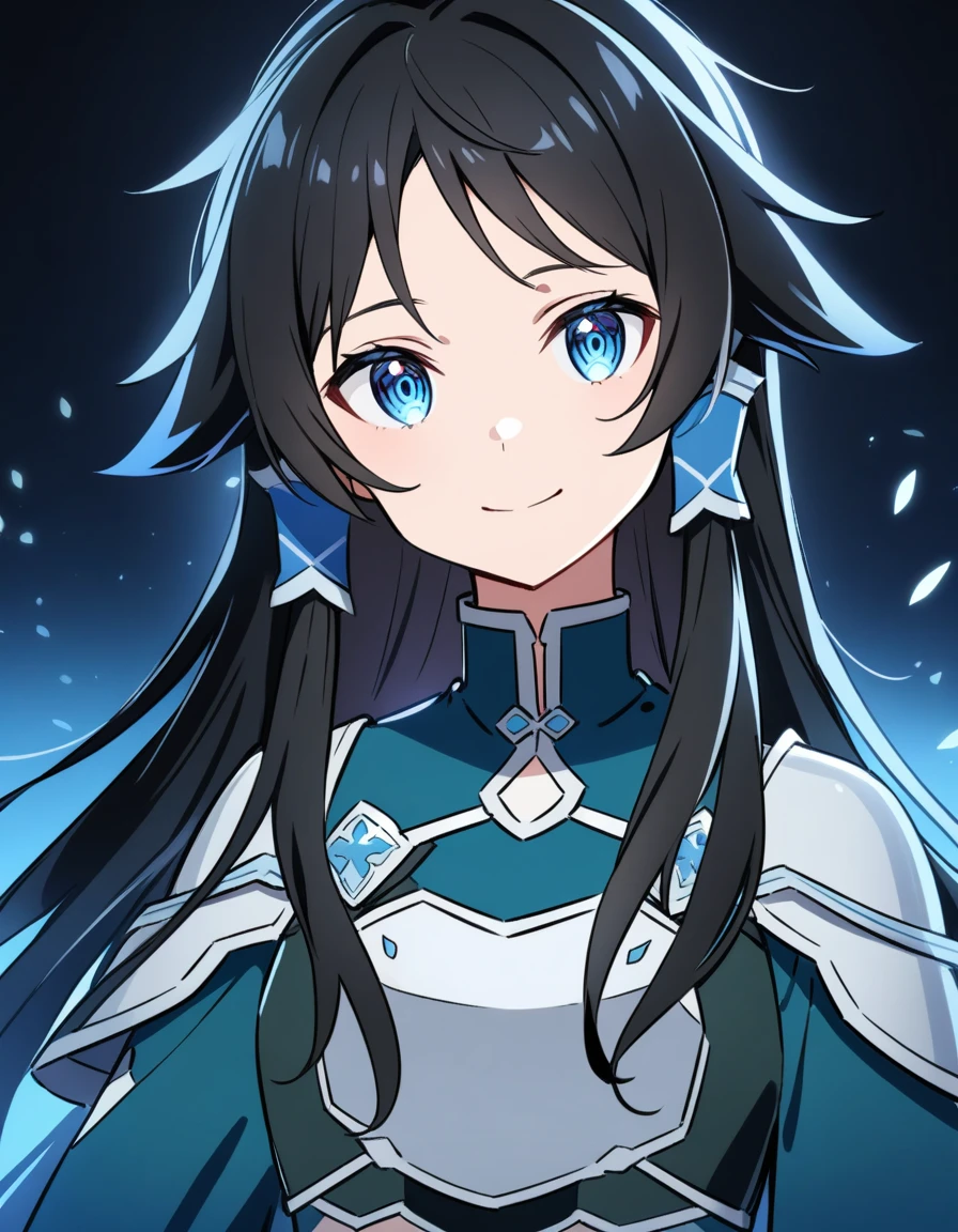 (high-quality, breathtaking),(expressive eyes, perfect face) 1girl, femboy, solo, portrait, Sword Art Online, Alicization, Symmetrical Eyes, simple background, gentle smile, long hair, fluffy hair, fantasy outfit, SAO inspired, HuoHuo, armor, chest plate, sword art online outfit, half body shot, black hair, cute hairstyle, stylized hairstyle
