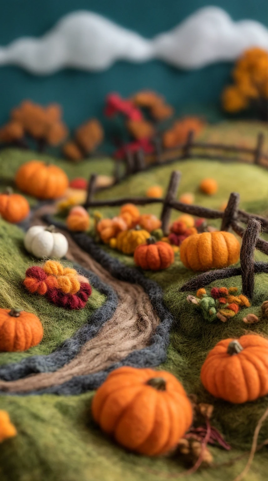 detailed felt diorama, pumpkin patch, autumn, cozy, whimsical, warm color palette, soft lighting, intricate details, miniature scene, highly realistic, masterpiece, 8k, photorealistic