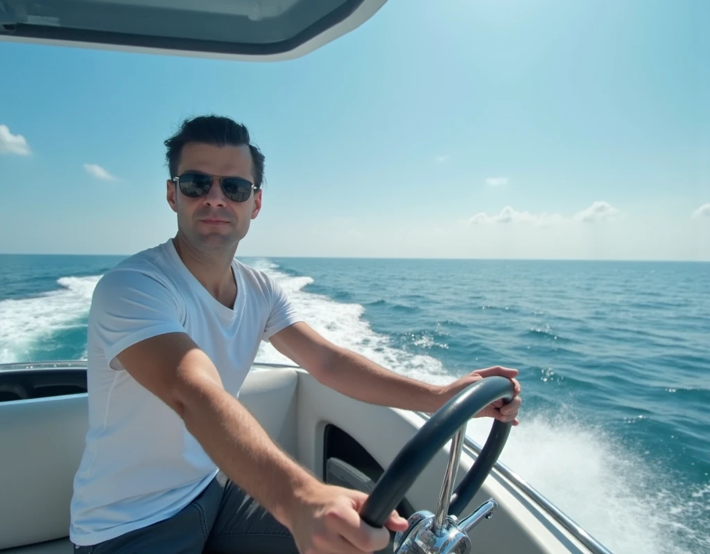 GM42 A modern yacht captain with short dark hair and sunglasses confidently holds the wheel. Against the backdrop of a bright blue cloudless sky, the yacht glides over calm waves. The wide angle, 16mm lens emphasizes the active movement and space around, creating an atmosphere of freedom and adventure on the water.