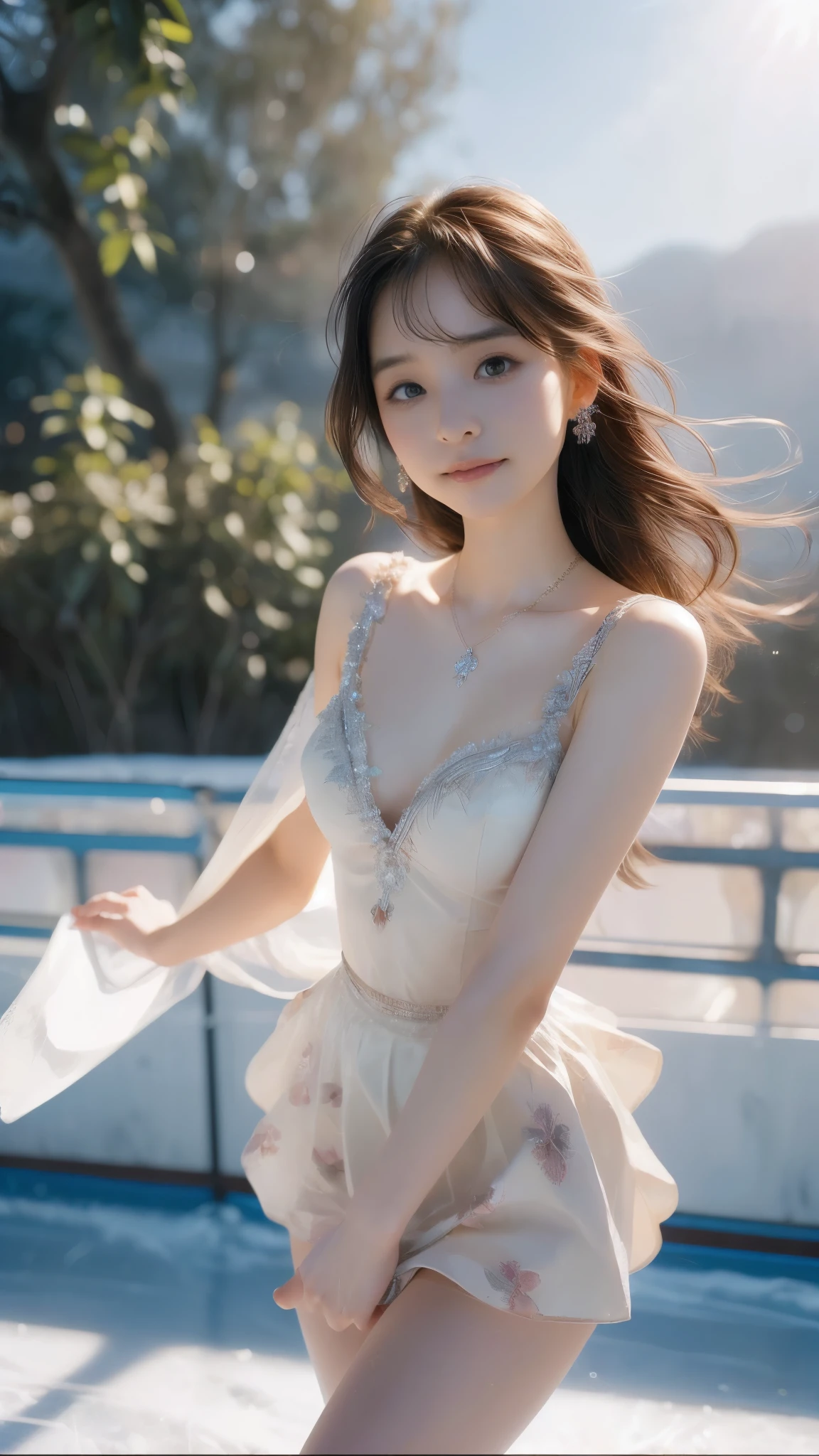 Ice Skater,
17th, 1girl,
Long black hair, bangs,
Wind-blown hair,
(Bunny ear girl)
Double eyelids,
(makeup:0.9),
(Perfect face. Delicate face),
(Jewelry, necklace, earrings),
(White skin),
(Adult body type),
Kirara Jump, Perfect body.
(Tall adult body type, Medium breasts, Slim waist),
(Beautiful thighs, Arm raise),
(Dynamic Low Angle, Beautiful spotlight).
((happy smiling facial expression:1.1)),
(medium firm breasts:1.1),
(Cleavage),
((mini dress tube skirt blooming:1.3)),
(Fluttering dress),
(Proud of her costume),
(Playing ice skating:1.2),
(ice skating shoes),
(background looks real, under the mountains on a frozen lake),
(looking at the audience,
Detailed face, Proudly, Pull your chin in, A girl wearing a shining and luxurious idol dress, playing ice skating, on a frozen lake),
(Overexposure),
(Beautiful fashion showing bare thighs and legs)
(Breast flash, Rough skin, Long hair),
((Beautiful brown eyes)),
(Delicate and beautiful eyes, Beautiful eyes with light、Shiny hair、Reflecting eyes、Embarrassing),
(Red face:1),
(8k wallpaper, Bold full photo、Light reflected, Most detailed、Complex, Smooth background、Rough skin、Smooth skin), (Super resolution), Chirarizum、(whole body、美しいwhole body像、body type).