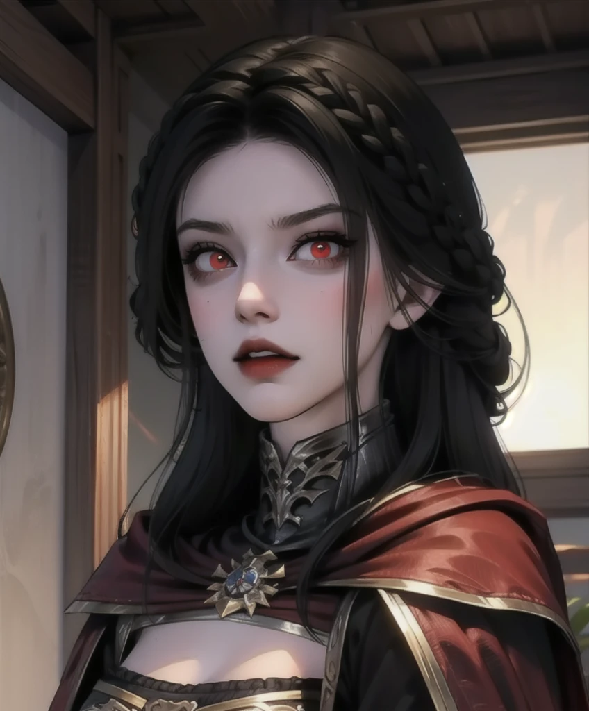 masterpiece, best quality, 1girl, serana, chibi, red eyes, black hair, long hair, armor, cape, red sleeves, cleavage cutout, disgusted face, looking at viewer, portrait, glaring, parted lips, from below, indoors, caslte, 