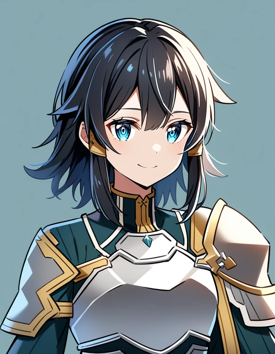 (high-quality, breathtaking),(expressive eyes, perfect face) 1girl, femboy, solo, portrait, Sword Art Online, Alicization, Symmetrical Eyes, simple background, gentle smile, medium hair, fluffy hair, fantasy outfit, SAO inspired, HuoHuo, armor, chest plate, sword art online outfit, half body shot, en amamiya, black hair, cute hairstyle, stylized hairstyle