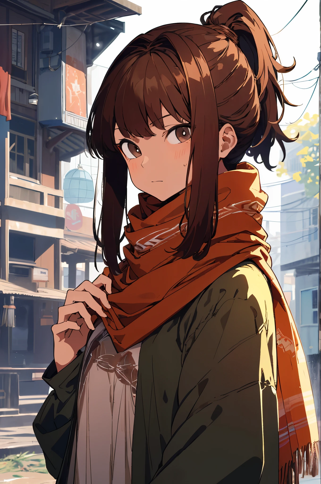 ultra detailed, masterpiece, best quality, solo, girl, teenager, medium height (5'5"), medium build, long dark brown hair often in a ponytail, warm brown eyes, medium brown skin, pakistani, south asian, often wearing vibrant scarves and modest clothing.