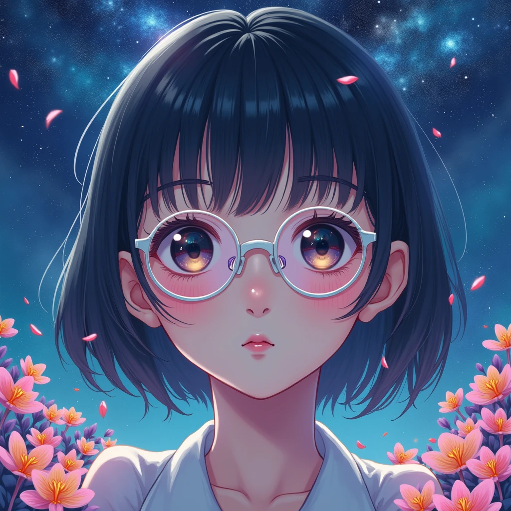 close up shot of an anime girl with white glasses, standing on the ground, night sky with lots of sparkling stars and milky way, colorful flowers, close up headshot, oil painting style, impressionist palette, 32k uhd, beautiful, futuristic, vintage, color comic --ar 3:4