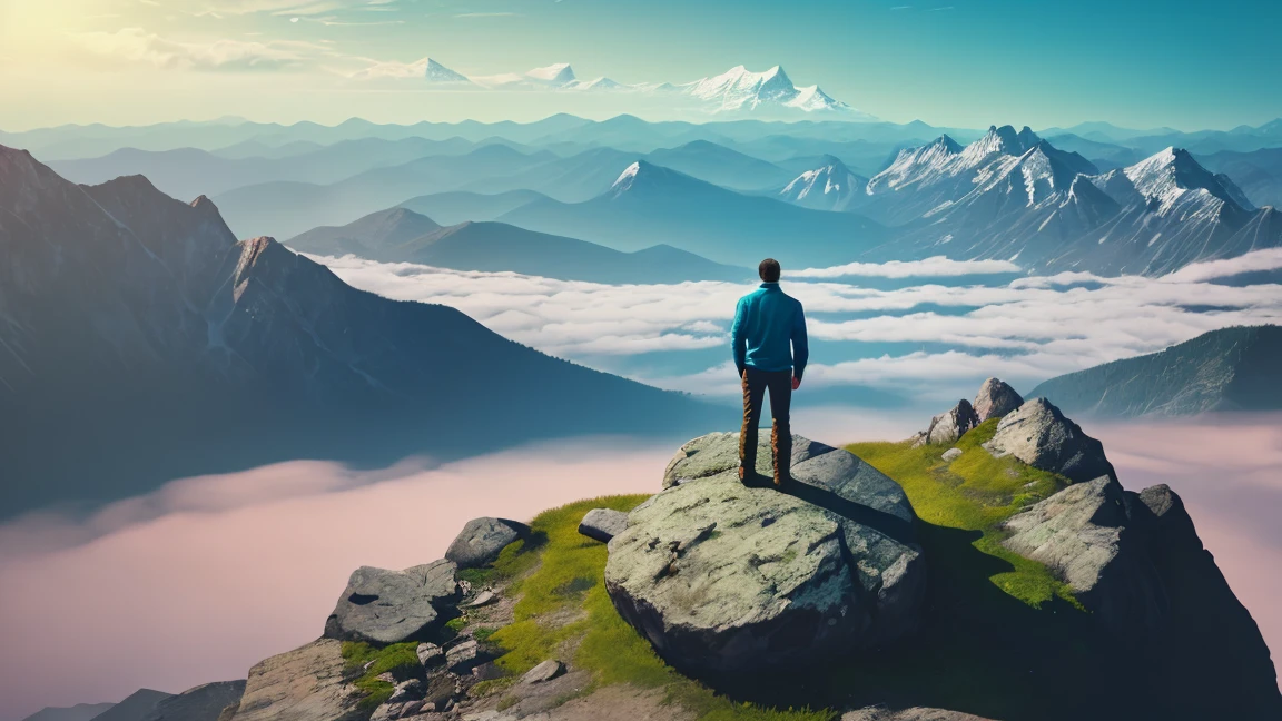 there is a guy standing on a rock looking out over the mountains, on the top of a mountain, on top of a mountain, looking at the mountains, at the top of a mountain, in mountains, standing atop a dusty mountaintop, man standing facing away, standing alone, standing on mountain, sitting on rocks, high in mountains(man seeing greenery view)(bright blue shinning sky), (borkeh effect)