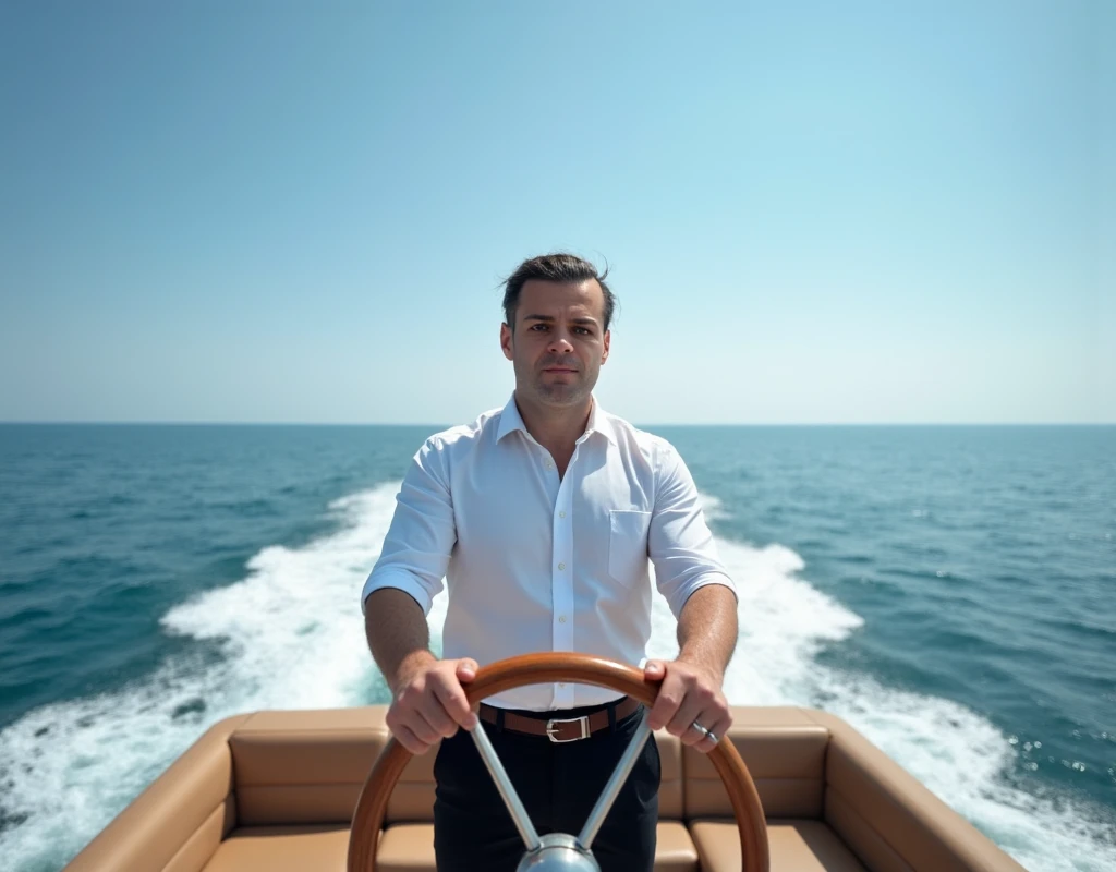 GM42 A Rich modern yacht captain confidently holds the wheel. Against the backdrop of a bright blue cloudless sky, the yacht glides over calm waves. The wide angle, 16mm lens space around, creating an atmosphere of freedom and adventure on the water.