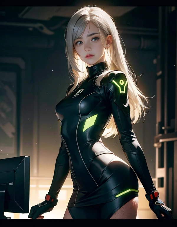 1girl, blonde hair, long hair, straight hair, yellow eyes, bangs, cyber armor, skin tight, neon trim, face mask, from above, from behind, turning head, looking at viewer, looking back, night sky, neon lights, Mysterious