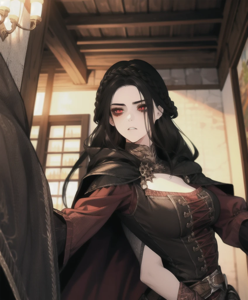 masterpiece, best quality, 1girl, serana, chibi, red eyes, black hair, long hair, armor, cape, red sleeves, cleavage cutout, disgusted face, looking at viewer, portrait, glaring, parted lips, from below, indoors, caslte,