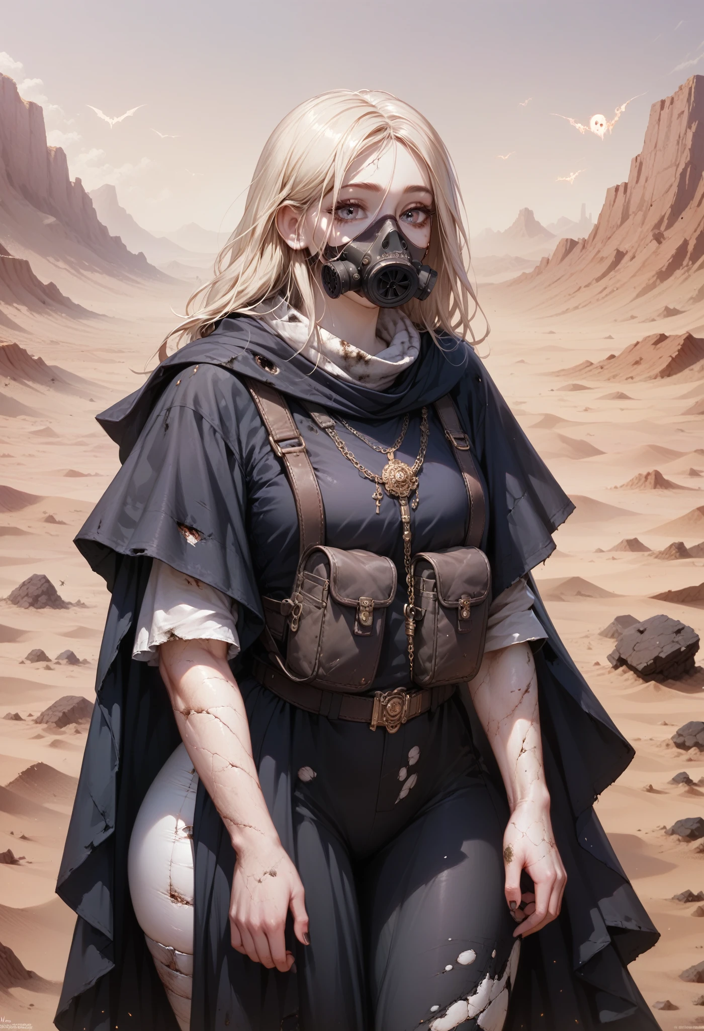 A woman, smooth skin,  white skin, big eyes, small torso,  huge butt,  Wide Hips,  fleshy legs , thick thighs , (The best quality),  masterpiece , horror, ghost, tall, lost look, depressed, (She is wearing an old leather cloak that covers her entire body along with a gas mask that covers her face.), She carries a backpack on her back, (ultra high Bloom), (high-contrast), (High quality Shaders), (shadows), (Ultra shadow quality), (hyperrealism), (She is lost in a desert of ashes), expressionless face, Dirt stains on the body,