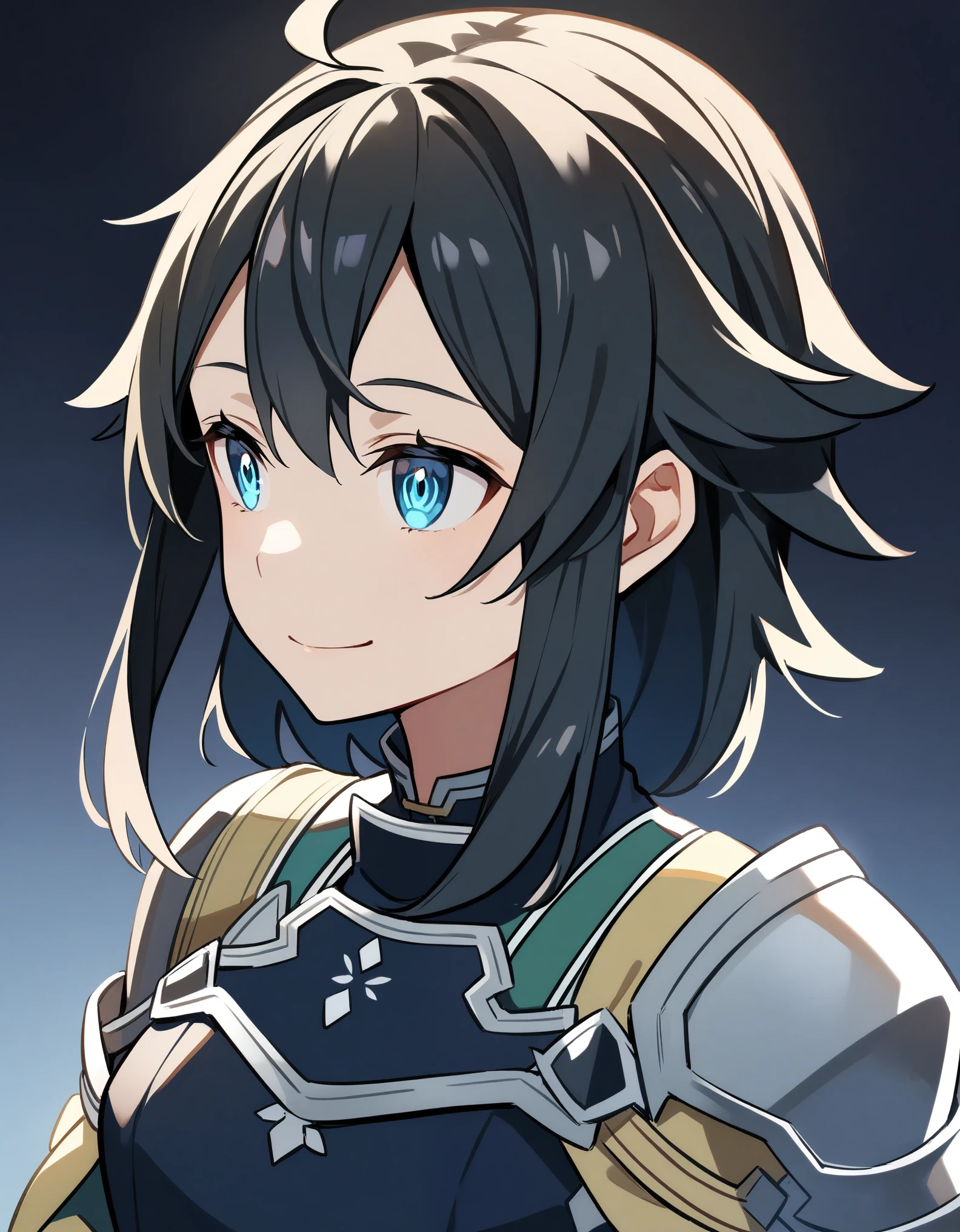 (high-quality, breathtaking),(expressive eyes, perfect face) 1girl, femboy, solo, portrait, Sword Art Online, Alicization, Symmetrical Eyes, simple background, gentle smile, medium hair, fluffy hair, fantasy outfit, SAO inspired, HuoHuo, armor, chest plate, sword art online outfit, half body shot, en amamiya, black hair, cute hairstyle, stylized hairstyle
