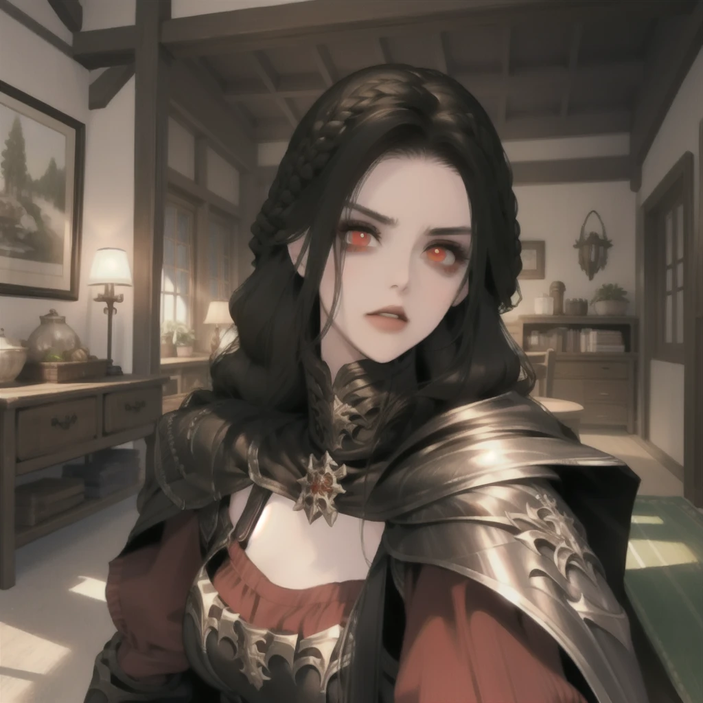 masterpiece, best quality, 1girl, serana, chibi, red eyes, black hair, long hair, armor, cape, red sleeves, cleavage cutout, disgusted face, looking at viewer, portrait, glaring, parted lips, from below, indoors, caslte,