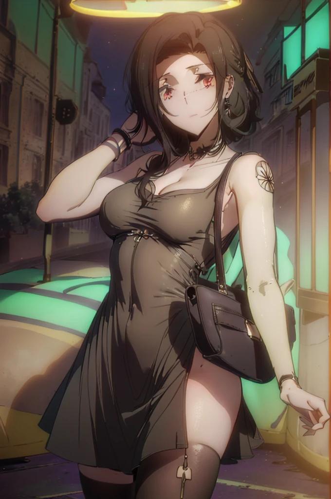 (Best Quality)), ((masterpiece)), (detailed), 1 girl, long black hair, defined nose, beautiful eyes, heels, black heels, blue eyes, piernas slims, jewelry chain, slim, big breasts, 25 years, beautiful legs, glasses, glasses redondos, medium breasts, slim, Tokyo streets, black evening dress, dress with cleavage, black leather jacket, streets of tokyo at night, streetlights on, White skin, discreet smile, yellow lights, Japanese stores, NSFW, black jacket, Whole body. korean style, short girl. small stature. pink lips. head on. ((vista head on))