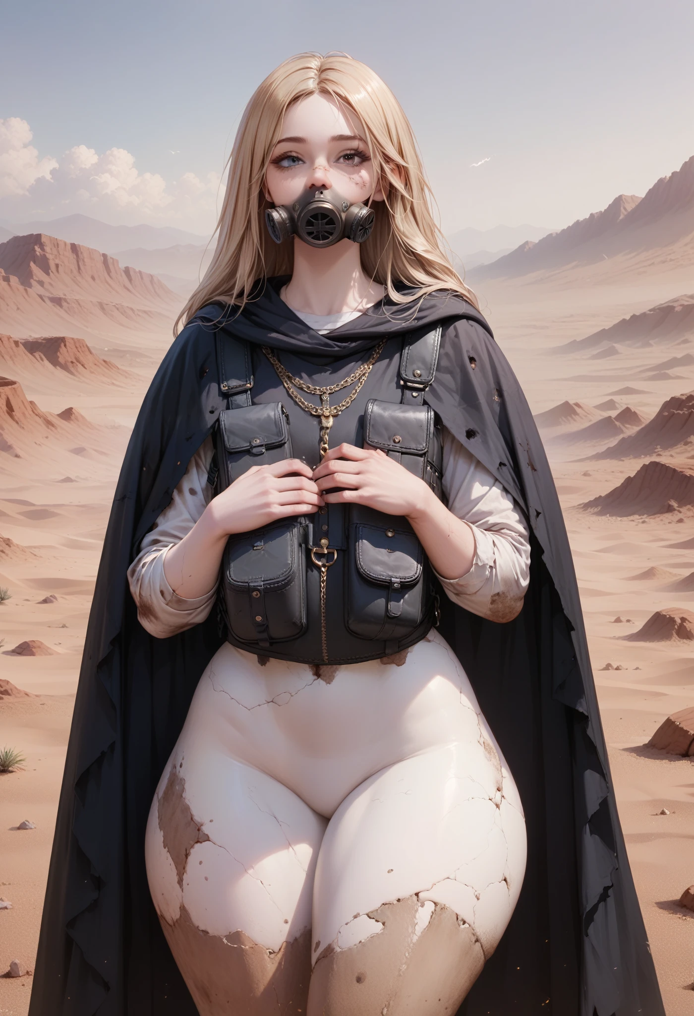 A woman, smooth skin,  white skin, big eyes, small torso,  huge butt,  Wide Hips,  fleshy legs , thick thighs , (The best quality),  masterpiece , horror, ghost, tall, lost look, depressed, (She is wearing an old leather cloak that covers her entire body along with a gas mask that covers her face.), She carries a backpack on her back, (ultra high Bloom), (high-contrast), (High quality Shaders), (shadows), (Ultra shadow quality), (hyperrealism), (She is lost in a desert of ashes), expressionless face, Dirt stains on the body,