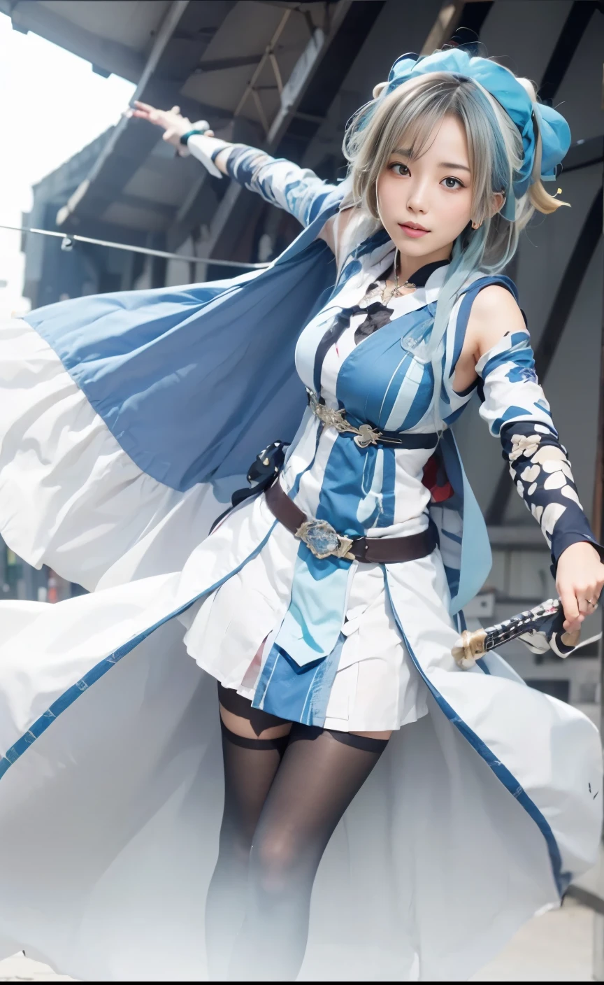 18-year-old Japanese high school girl and older sister of a female swordsman, her eyes are brown and her hair is ash brown.Facing the enemy and putting on a dignified face