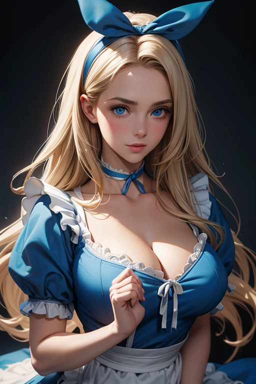 realistic 1.2,  Alice in Wonderland, in the style of Artgerm and Adam Hughes, blue ribbon on the head ,  BIG BREASTS, a sexy Alice in Wonderland, blue dress with white apron, white stockings, cleavage, dynamic, ultra high def, 32K, Blonde hair, vfx (Visual Effect)  highlights intricate anatomical features in a perfect way. sfx, complement visual art, immersing the viewer. The level of detail is inspiring,  with meticulously crafted intricate elements ,  Volumetric effects add depth and dimension , and the photorealism is unmatched.  The image is rendered in 8K resolution ,  guaranteeing super detailed visuals, highlighting your beauty in a supernatural way.  High Dynamic Range technology  (HDR)  makes the cores stand out , adding richness to the overall composition. Finally, this art presents an unreal portrait.