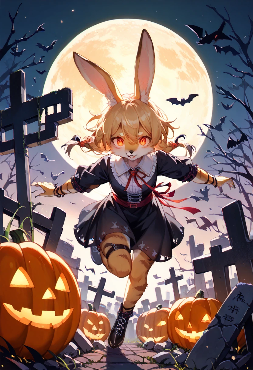 score_9, score_8_up, score_7_up, score_6_up, score_5_up, score_4_up, source_cartoon, best quality, amazing quality, very aesthetic, absurdres, 1girl, (furry, kemono:1.3), rabbit, rabbit girl, rabbit ears, ancient_graveyard, full_moon, flying_pumpkins, terrifying_face, glowing_eyes, halloween_costume, old_tombstones, crumbling_tombstones, swirling_mist, halloween_decorations, skeletons, jack-o-lanterns, eerie_shadows, tattered_costume, panic_expression, running_woman